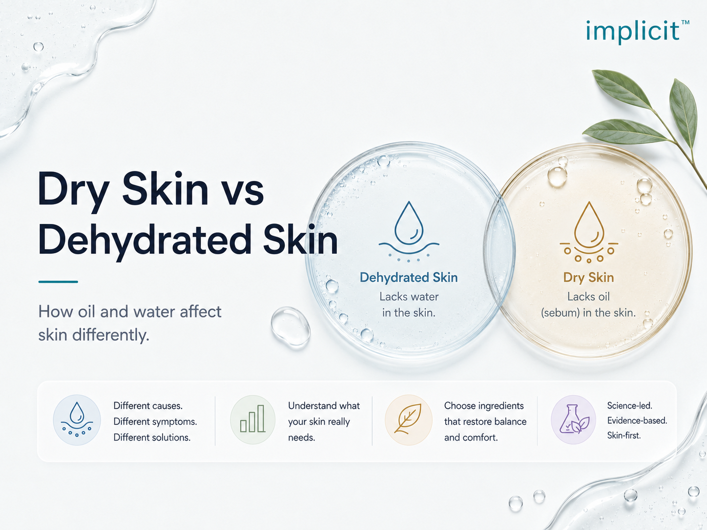 Editorial banner for implicit™ article comparing dry skin and dehydrated skin, showing that dehydrated skin lacks water while dry skin lacks oil.