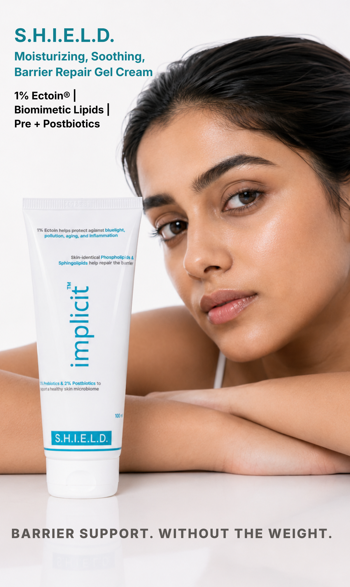 implicit S.H.I.E.L.D. daily barrier support gel cream tube on an aqua-blue background with molecular graphics.