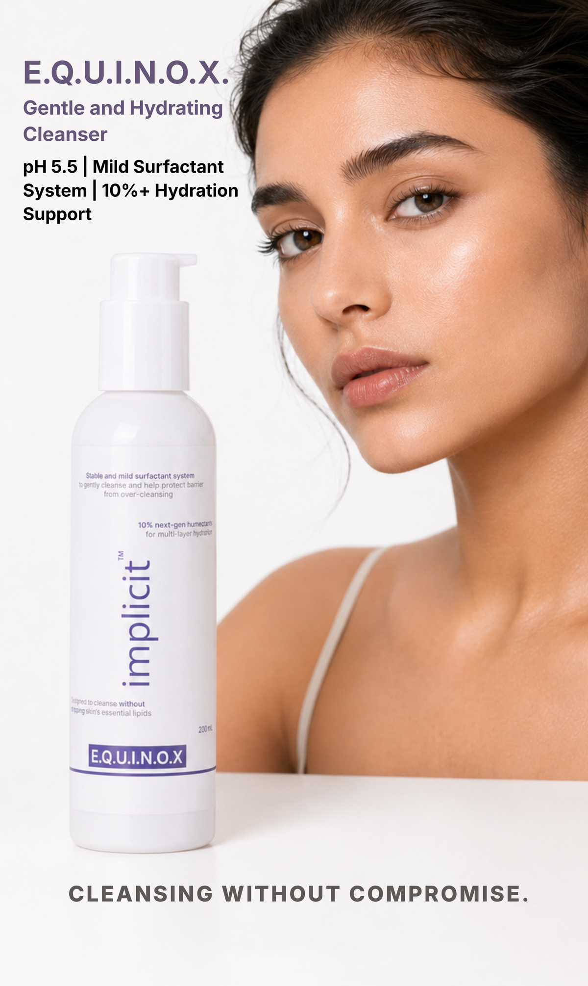 Hand holding an implicit E.Q.U.I.N.O.X. gentle face and body cleanser pump bottle against a soft lavender background.
