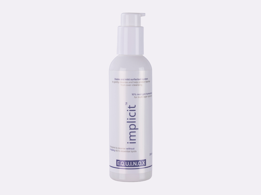 Front view of implicit E.Q.U.I.N.O.X. gentle and hydrating face and body cleanser pump bottle, 200 ml.