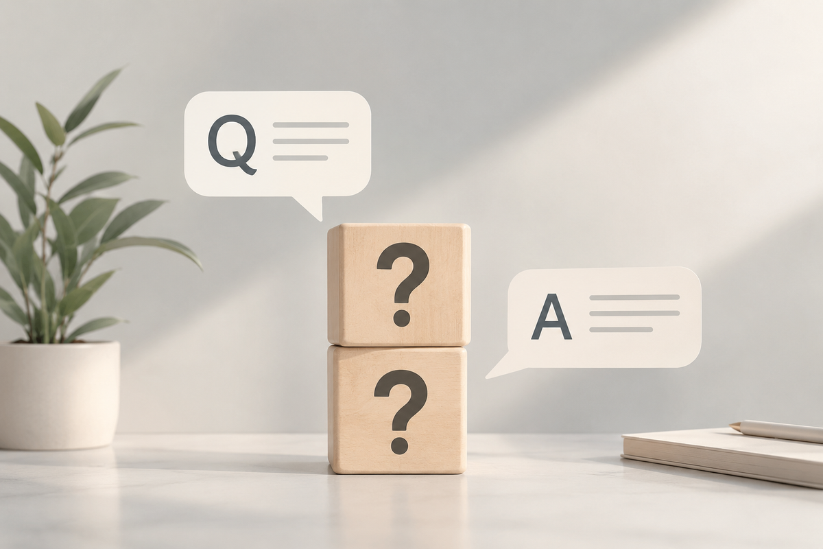 Frequently asked questions about Brand implicit skincare, represented by question-and-answer speech bubbles and wooden question-mark blocks.