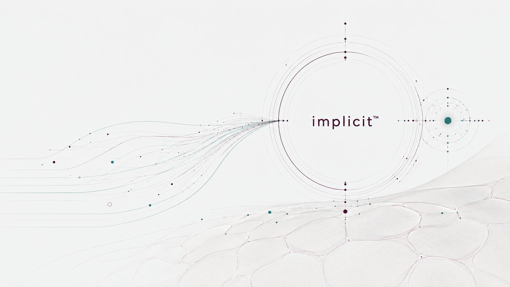 Brand Implicit skincare visual with flowing teal and purple scientific lines, cellular patterns and circular molecular graphics.