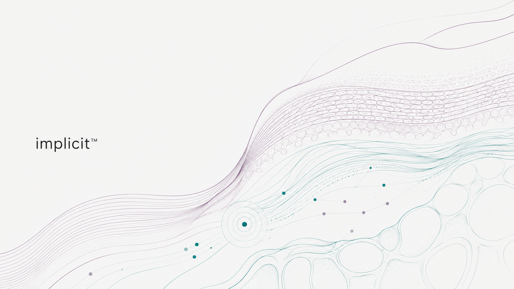 Brand implicit philosophy visual inspired by skin layers, cellular structures and flowing teal and purple scientific linework