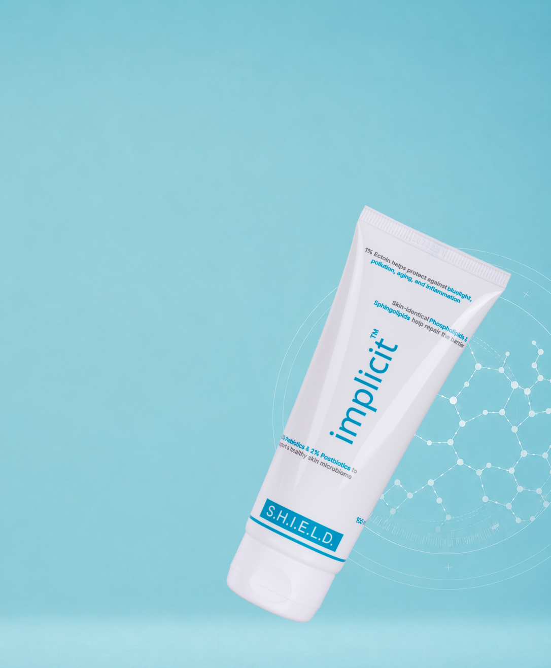 implicit™ S.H.I.E.L.D. daily barrier support gel cream tube on an aqua-blue background with molecular graphics.