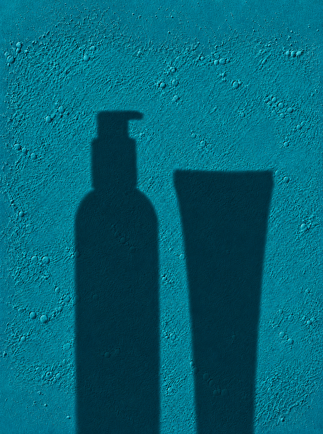Abstract shadows of the Brand implicit E.Q.U.I.N.O.X. cleanser bottle and S.H.I.E.L.D. gel cream tube on a textured teal background.