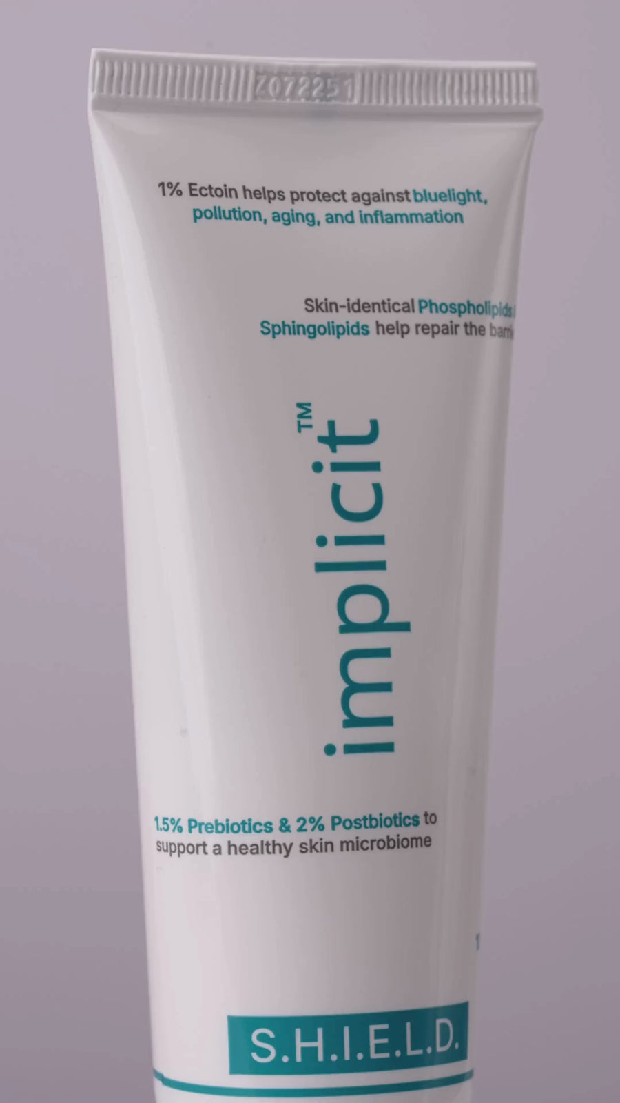 Brand implicit S.H.I.E.L.D. moisturizing barrier repair gel cream shown with its lightweight texture and application on skin.