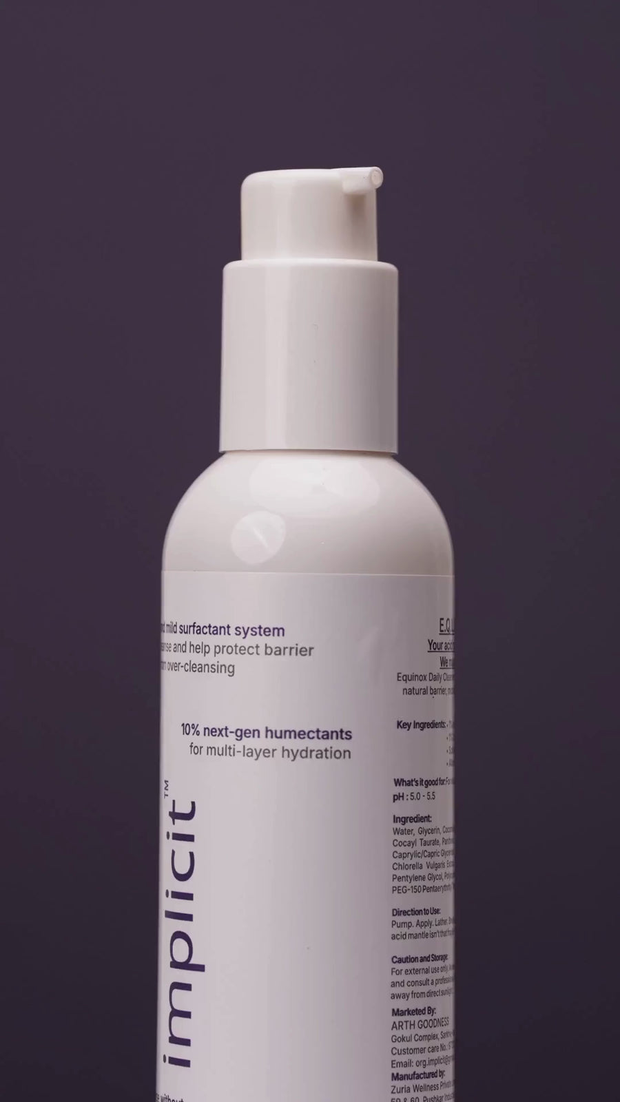 Brand implicit E.Q.U.I.N.O.X. gentle hydrating face and body cleanser shown in premium product cinematography with water-inspired visuals.
